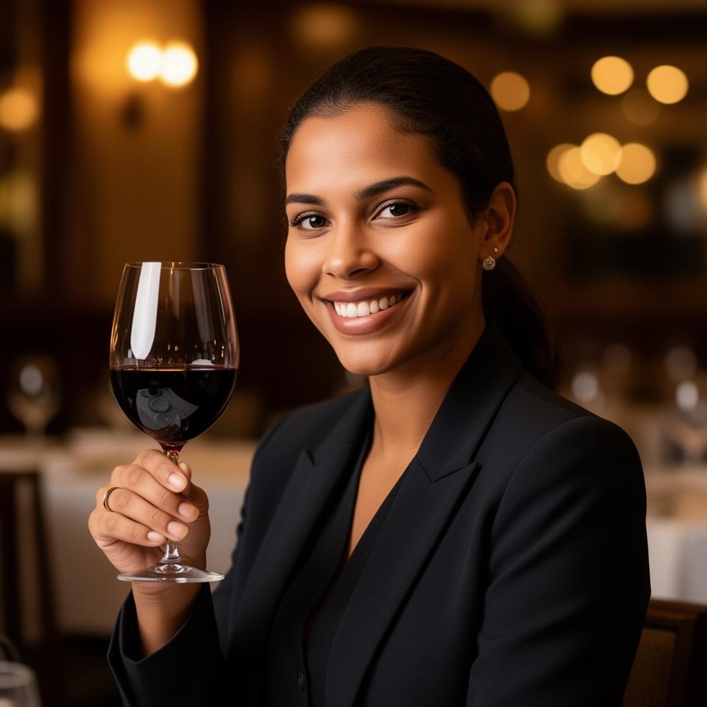 Beatriz Valente, sommelière, sorrindo com taça de vinho
