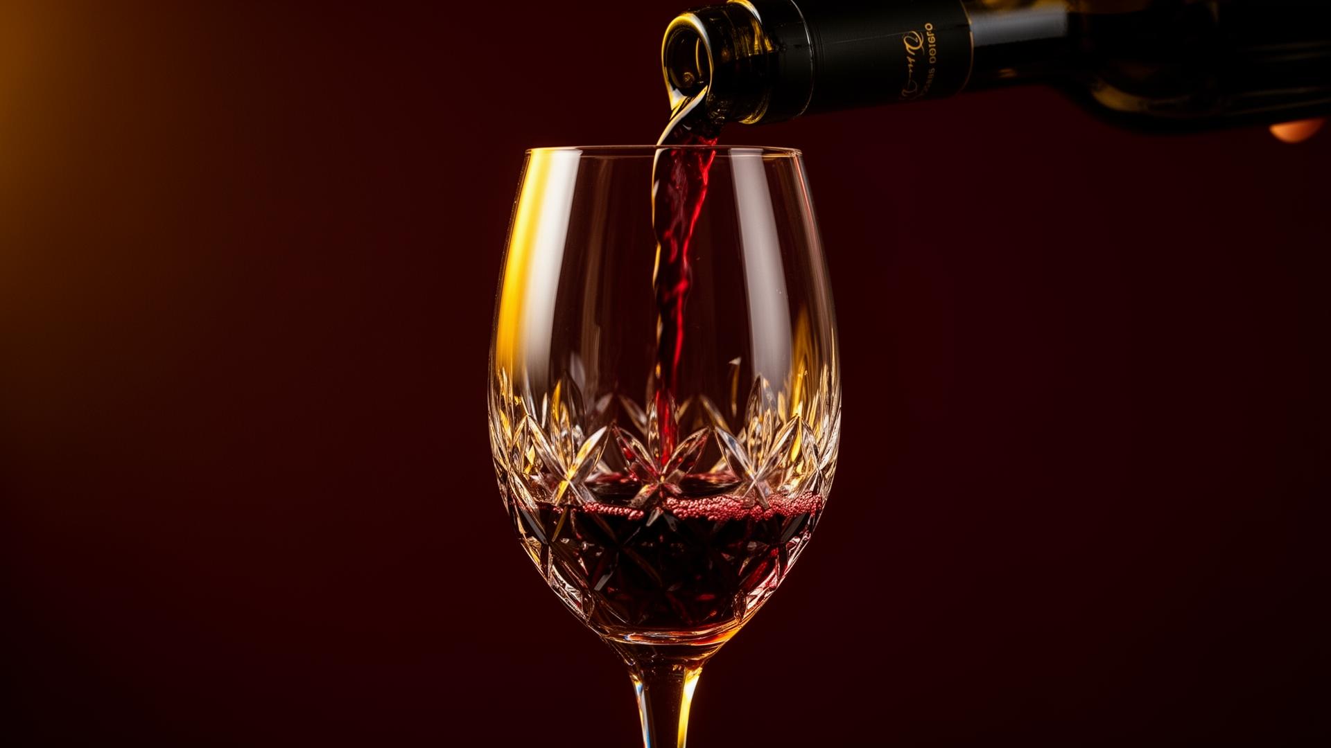 Taça de vinho cristal com vinho tinto sendo servido